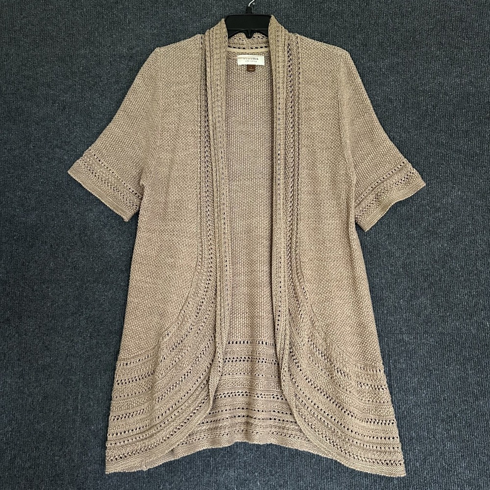 Sonoma Women's L Long Open Sweater Knit Tan SS Beachy Boho Cottage Casual